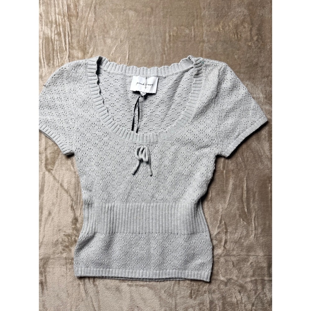 Pink Rose Gray Pointelle Knit Scoop Neck Bow Top Womens‎ XS Babydoll Coquette